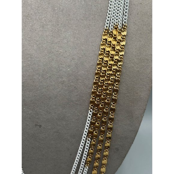 Vintage Signed Monet Multi Chain Necklace White Enamel & Gold Tone 80s Jewelry - Picture 8 of 10